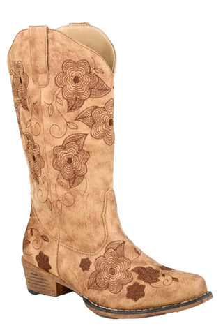 Roper Womens Riley Flowers Tan Faux Leather Cowboy Boots