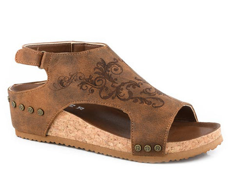 Roper Womens Josie Laser Cognac Faux Leather Sandals Shoes