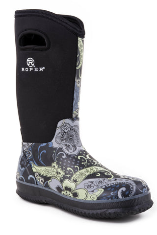 Roper Womens Barnyard Paisley Black/Grey Neoprene Work Boots