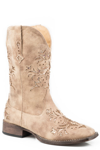 Roper Womens Kennedy Vintage Beige Faux Leather Cowboy Boots