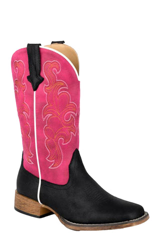 Roper Womens Cowboy Classic Black/Fuchsia Faux Leather Cowboy Boots