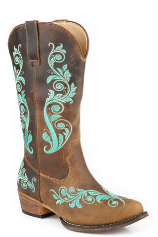 Roper Womens Madison Scroll Brown Leather 12in Cowboy Boots