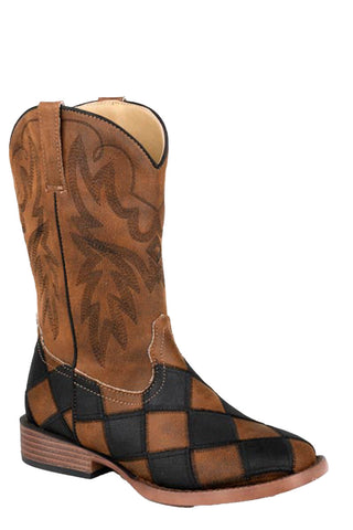 Roper Youth Unisex Bird Blocks Black/Brown Faux Leather Cowboy Boots