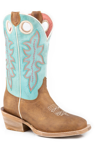 Roper Youth Girls Ride Em Cowgirl Waxy Tan/Blue Leather Cowboy Boots