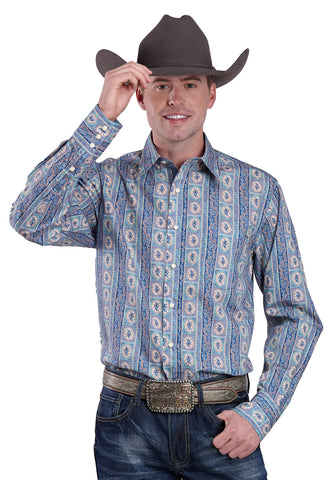 Tin Haul Mens Vintage Wallpaper Print Blue 100% Cotton L/S Shirt