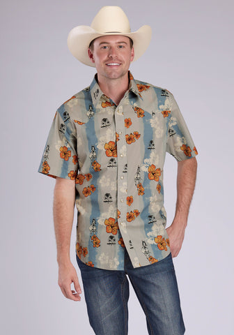 Tin Haul Mens Vintage Tropical Blue/Grey 100% Cotton S/S Shirt