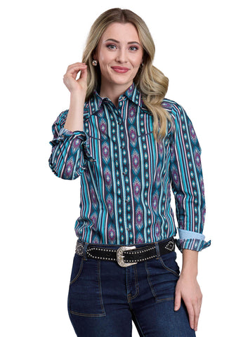 Tin Haul Womens Vertical Aztec Stripe Blue/Purple 100% Cotton L/S Shirt