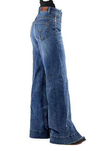 Tin Haul Womens Claire Fit Gold Embroidered Blue Cotton Blend Jeans