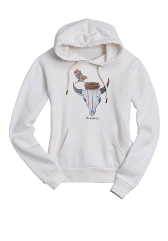 Tin Haul Womens Longhorn Skull Bird Nest White Poly/Cotton Hoodie