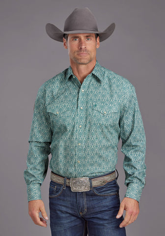 Stetson Mens 2141 Wallpaper Medallion Green 100% Cotton L/S Shirt