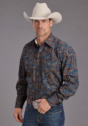 Stetson Mens Vintage Blue Paisley Blue 100% Cotton L/S Shirt