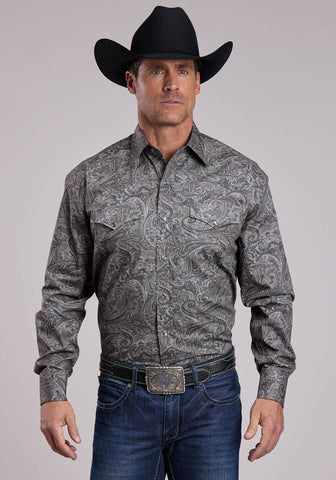 Stetson Mens Smoke Paisley Grey 100% Cotton L/S Shirt