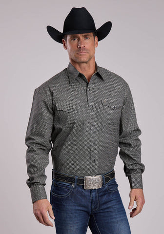 Stetson Mens Ghost Print Black 100% Cotton L/S Shirt