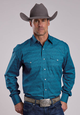 Stetson Mens 2734 Medallion Teal 100% Cotton L/S Shirt