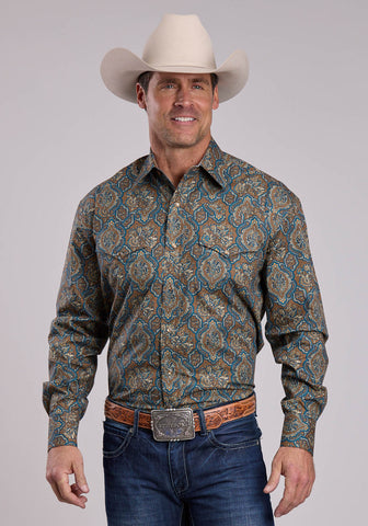 Stetson Mens Vintage Medallion Paisley Brown 100% Cotton L/S Shirt