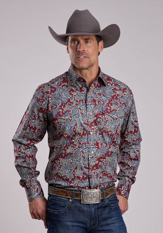 Stetson Mens Ruby Paisley Red/Blue 100% Cotton L/S Shirt
