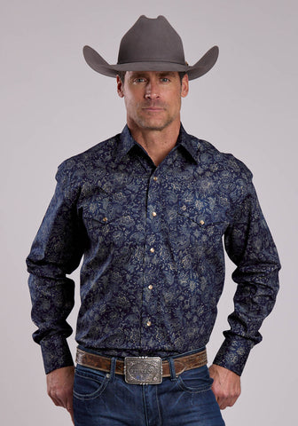 Stetson Mens Midnight Sky Print Blue 100% Cotton L/S Shirt