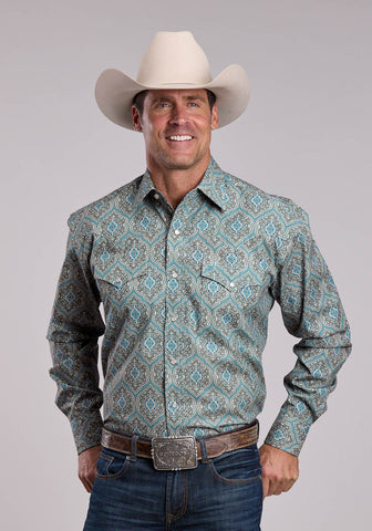 Stetson Mens Spruce Medallion Blue 100% Cotton L/S Shirt