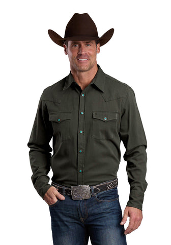 Stetson Mens Hexagon Snap Twill Olive 100% Cotton L/S Shirt