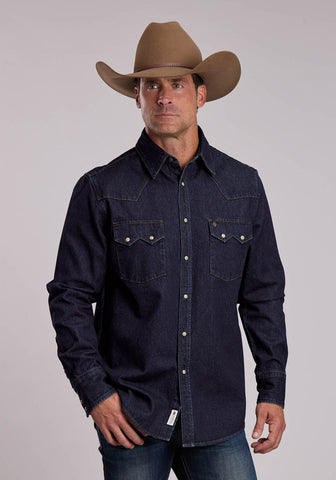 Stetson Mens Sawtooth Pockets Raw Denim Blue 100% Cotton L/S Shirt
