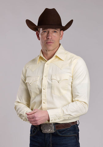 Stetson Mens Peached Twill Cream 100% Cotton L/S Shirt