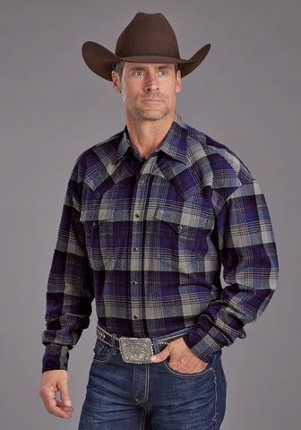 Stetson Mens Brushed Twill Plaid Blue 100% Cotton L/S Shirt