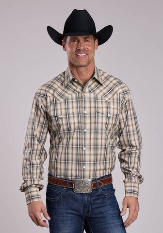 Stetson Mens Winter Wheat Plaid Brown 100% Cotton L/S Shirt