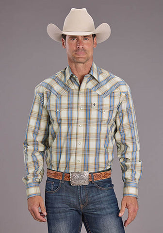 Stetson Mens 2514 Cinnabar Plaid Tan/Blue 100% Cotton L/S Shirt