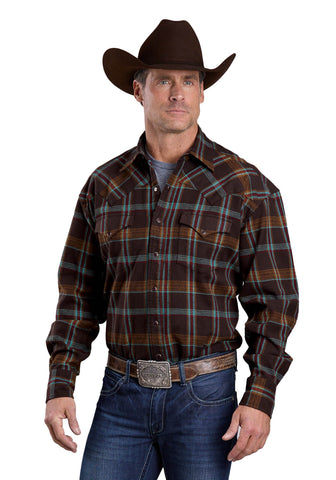 Stetson Mens Brushed Twill Plaid Brown 100% Cotton L/S Shirt