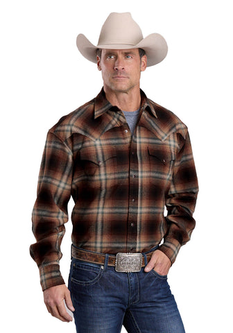Stetson Mens Ombre Flannel Plaid Brown 100% Cotton L/S Shirt
