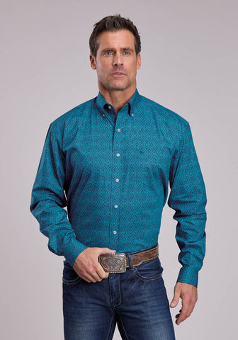 Stetson Mens 2734 Medallion Teal 100% Cotton 1 Pkt L/S Shirt