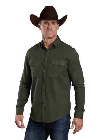 Stetson Mens Heathered Flannel Olive 100% Cotton Btn L/S Shirt