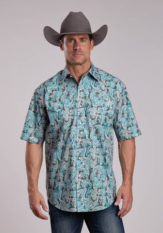 Stetson Mens 2868 Paisley Turquoise 100% Cotton S/S Shirt