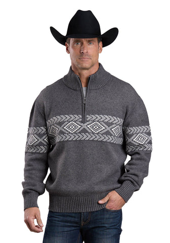 Stetson Mens Woven Aztec Pattern Grey Cotton/Wool 1/4 Zip Sweater
