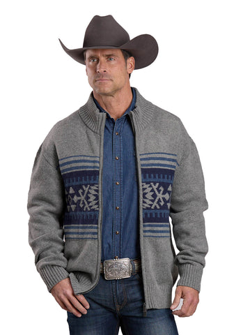 Stetson Mens Aztec Border Zip Front Grey Cotton/Wool Cardigan Sweater