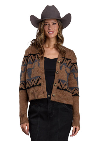 Stetson Womens Cropped Vintage Border Brown Acrylic Blend Cardigan Sweater