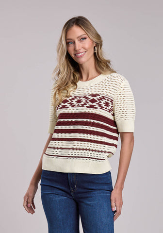 Stetson Womens Aztec Crochet Crew Neck Cream/Wine 100% Cotton Sweater