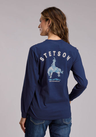 Stetson Womens Full Back Cowgirl Rider Navy 100% Cotton L/S T-Shirt
