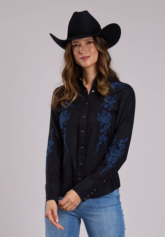 Stetson Womens Floral Crepe Retro Black 100% Rayon L/S Blouse