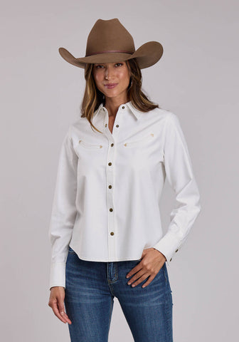 Stetson Womens Faux Smile Pockets White Cotton Blend L/S Blouse