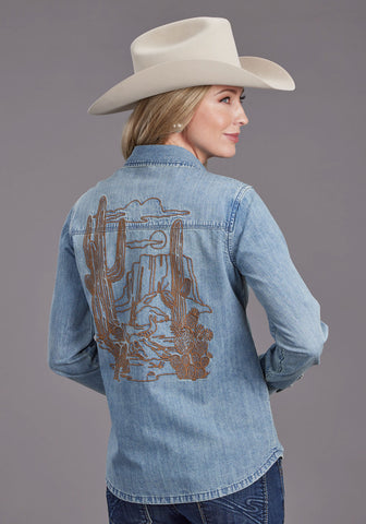 Stetson Womens Mountain Tableau Stitch Blue 100% Cotton L/S Shirt