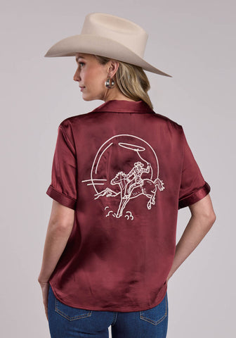 Stetson Womens Satin Bronc Rider Wine Polyester Blend S/S Blouse