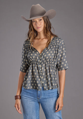 Stetson Womens 2440 Horse Pennies Grey 100% Rayon S/S Blouse