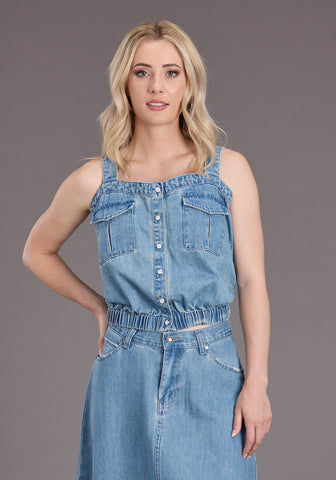 Stetson Womens Button Tank Top Light Wash 100% Cotton S/L Dress