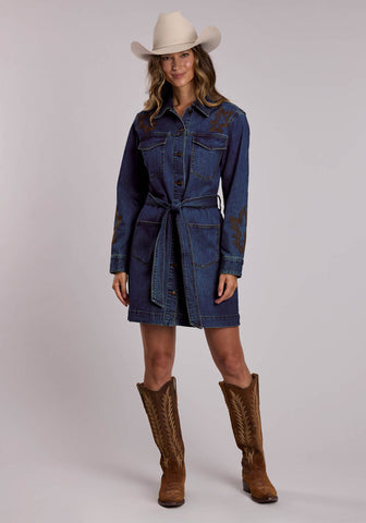 Stetson Womens Embroidered Button Denim Cotton Blend L/S Dress