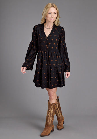 Stetson Womens Longhorn Mojave Print Black 100% Rayon L/S Dress