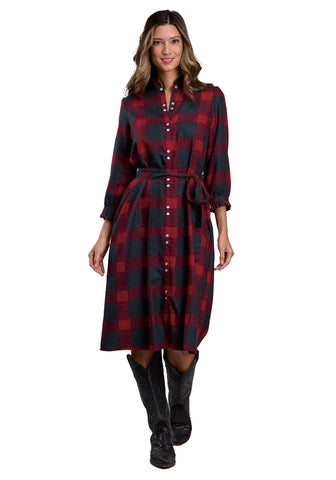 Stetson Womens Buffalo Plaid Self Tie Red/Black Poly/Rayon L/S Dress