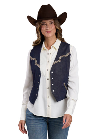 Stetson Womens Stretch Snap Front Blue Cotton Blend Cotton Vest