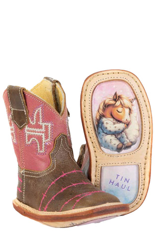 Tin Haul Infant Girls Barbwire Belle Brown/Pink Leather Cowboy Boots