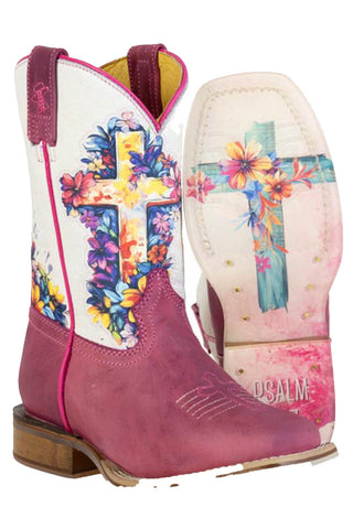 Tin Haul Kids Girls Love Jesus Psalm 28:7 Waxy Pink Leather Cowboy Boots